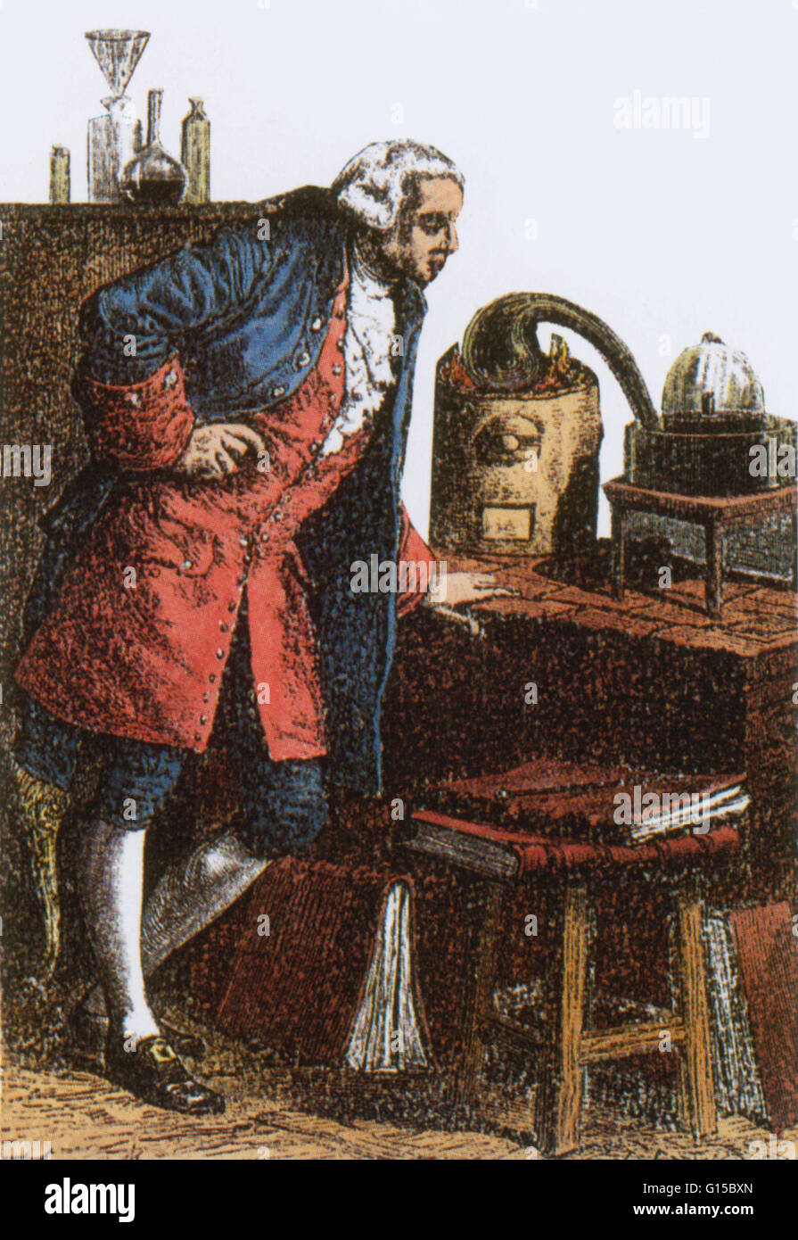 Antoine-Laurent Lavoisier (Agosto 26, 1743 - 8 de mayo de 1794) fue un químico francés que es considerado el fundador de la química moderna. Él cambió la ciencia desde un salto cualitativo a uno cualitativo. Él es conocido por su descubrimiento del papel que desempeña el oxígeno en co Foto de stock