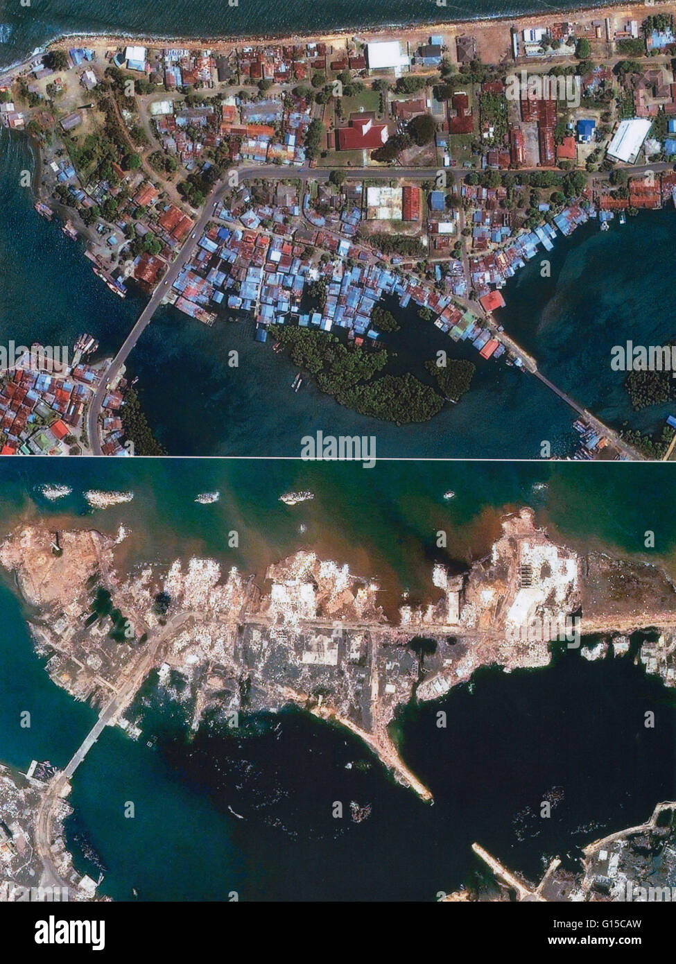 Una imagen de satélite de la isla de Sumatra, Indonesia, devastadoras antes y después del terremoto y el tsunami del 26 de diciembre de 2004. El epicentro del temblor fue en la costa occidental de Sumatra. Es el segundo terremoto más grande jamás registrada en un sismógrafo. Foto de stock