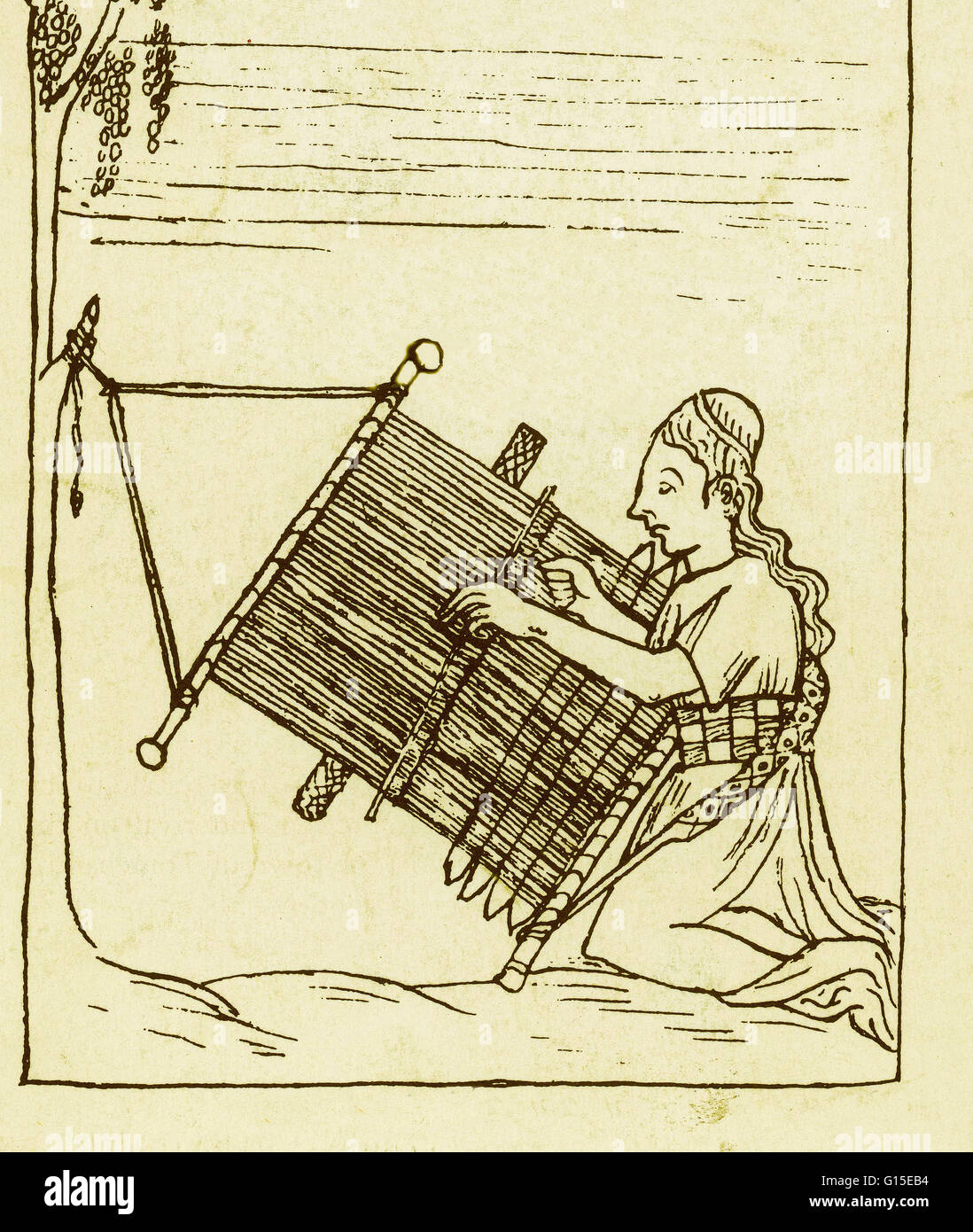 Mujer tejiendo. A partir del codex ilustrado peruano "Nueva coronica y buen gobierno", o "Nueva coronica y buen gobierno", a principios del siglo 17. Escrito e ilustrado por Felipe Guaman Poma de Ayala. Foto de stock