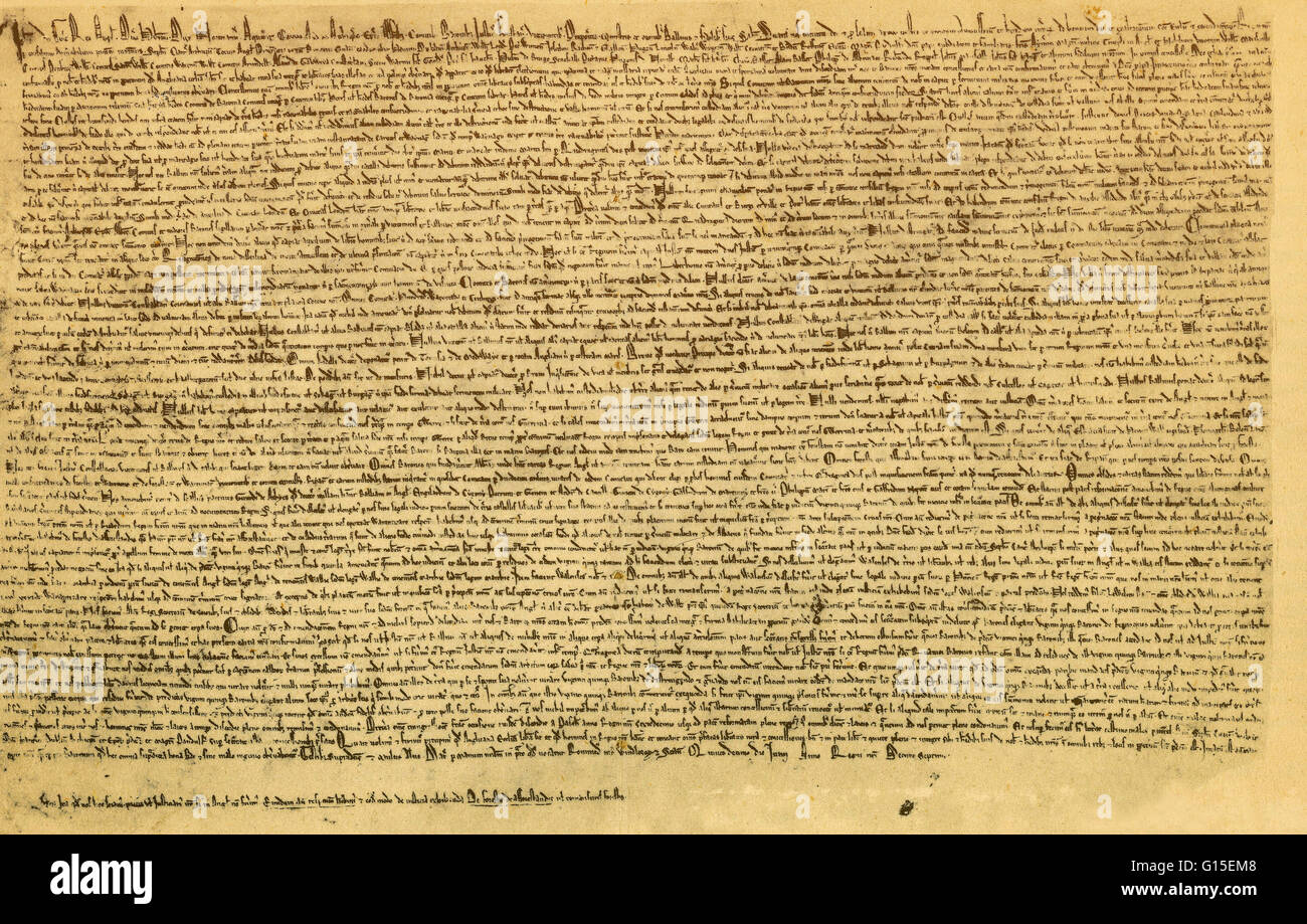 Carta Magna (Gran Carta) es una carta acordada por el rey Juan de Inglaterra el 15 de junio de 1215. Primer redactado por el Arzobispo de Canterbury para hacer la paz entre el Rey impopular y un grupo de barones rebeldes, prometió la protección de los derechos de la iglesia, prot. Foto de stock