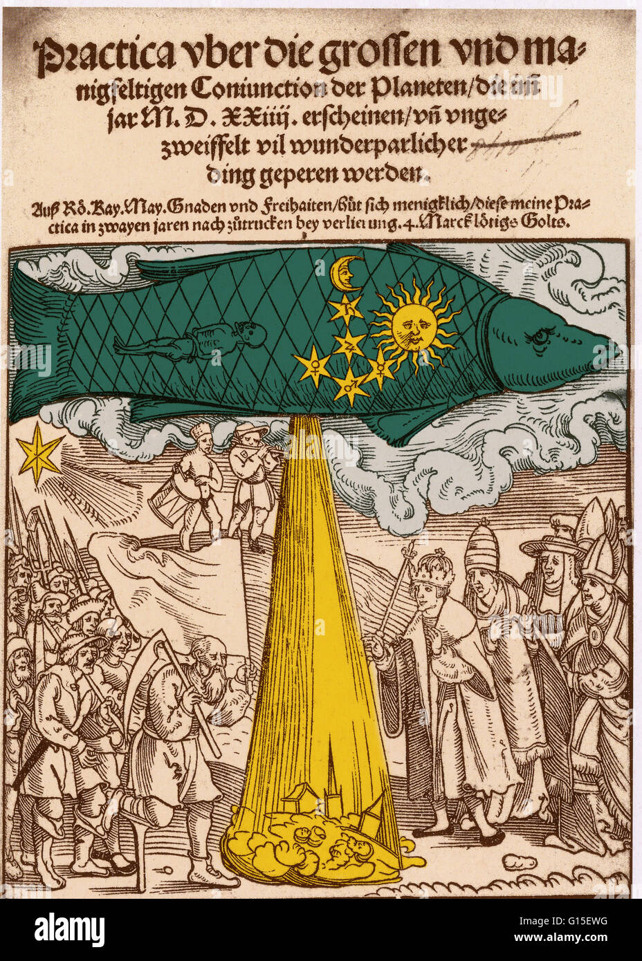 Las previsiones de las inundaciones de 1524, principios del siglo XVI. Un gran pez es el cielo en representación de Piscis. Vierte una inundación de barrer con un pequeño grupo de casas y personas. El clero y el rey se reúnen en la derecha y a la izquierda hay una multitud de hombres que llevaban t Foto de stock