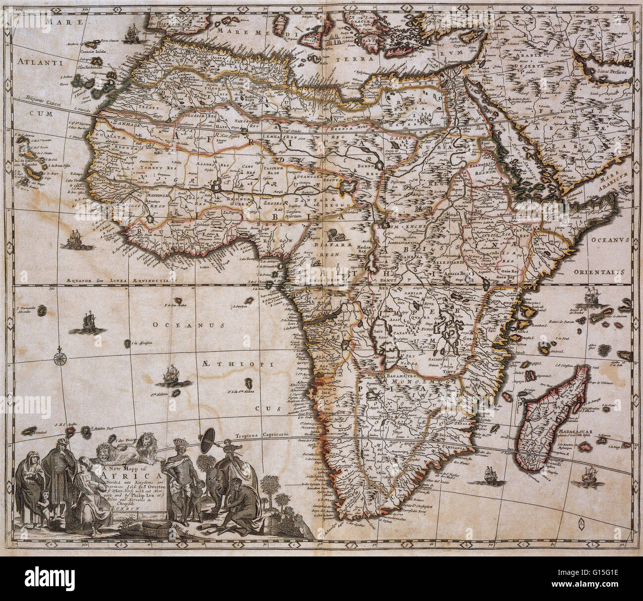 Una "Nueva Mapp de África' dividido en reinos y provincias. Una línea en blanco y negro grabado con periodo de color, circa 1688. Foto de stock