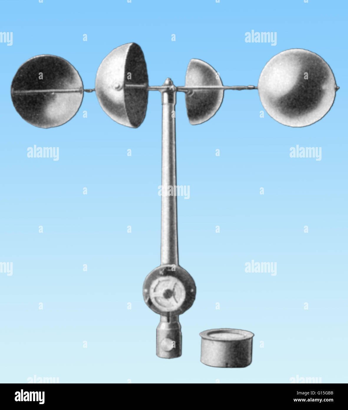 Un anemómetro. Un anemómetro es un dispositivo para medir la velocidad del  viento. Este tipo de anemómetro de cazoletas hemisférico fue inventado en  1846 por John Thomas Romney Robinson Fotografía de stock -