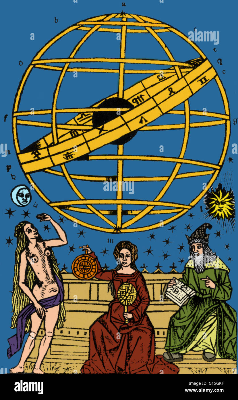 Una ilustración de la esfera celeste, el modelo fundamental de los cielos en el pensamiento griego, geométricamente dividido en polos, trópicos, el Ecuador y la eclíptica. Foto de stock