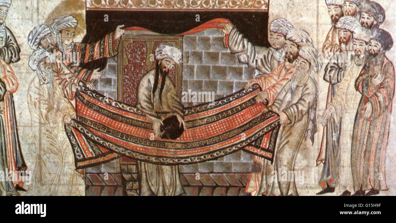 Un 1315 ilustración desde el Jami al-Tawarikh, inspirado por el Sirah Rasul Allah historia de Muhammad y los clanes Meccan levantando la Piedra Negra en su lugar. Según una historia encontrada en Ibn Ishaq, Sirah Rasul Allah, los clanes de la Meca renovado th Foto de stock
