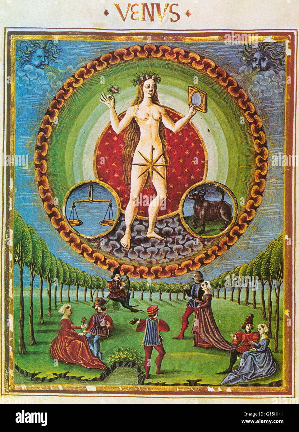 La astrología ilustración de Venus, el regente de Libra y Tauro desde el siglo XV lombardo de Sphaera manuscrito. Venus es la diosa del amor y de la belleza y está representado aquí en el centro del círculo. Su homólogo griego es Afrodita. También presentes Foto de stock