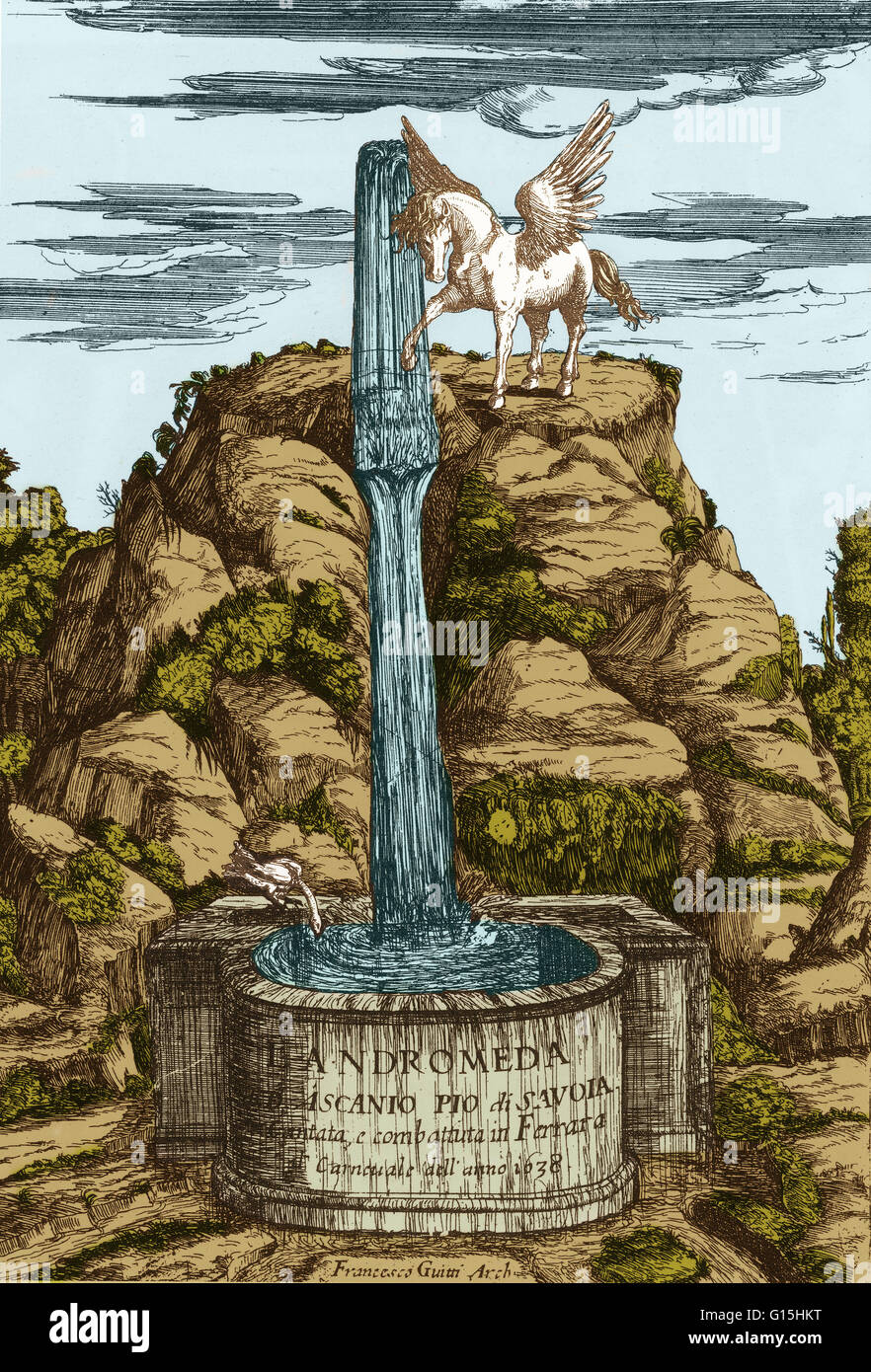 Pegasus en el monte Parnaso. Página de título por Francesco Guitti de Ascanio Pio L'Andrómeda. Ferrera, 1638-39. Era el caballo alado Pegaso de Bellerophon, un mítico héroe griego que lo atrapó en una fuente. Foto de stock