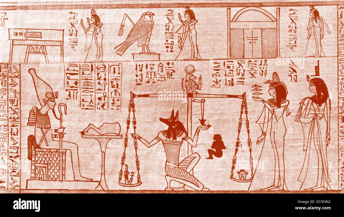 El Pesaje del corazón. Un papiro mostrando la Princesa Entiu-ny desde el Antiguo Egipcio Libro de los muertos. Los hechizos que forman el libro de los muertos fueron una vez pintados en el interior de la tumba, pero en el nuevo reino, fueron inscritos en un rollo de papiro y enterrados w Foto de stock