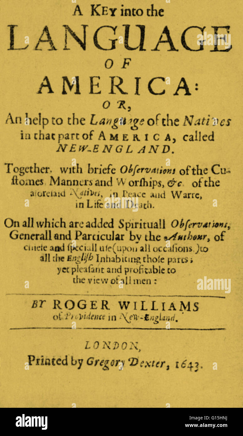 Página de título de Roger Williams es un elemento clave en el lenguaje de América", quizás con las primeras recetas del Nuevo Mundo, 1643. La Biblioteca John Carter Brown, de la Universidad de Brown, RI. Foto de stock