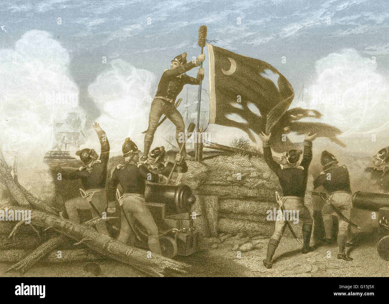 Color ilustración mejorada de la defensa de Fort Moultrie, SC en 1776. El 28 de junio, a principios de la Guerra Revolucionaria Americana, buques de guerra británicos atacaron el fuerte posteriormente denominado William Moultrie que comandaba el regimiento que defendieron con éxito. T Foto de stock