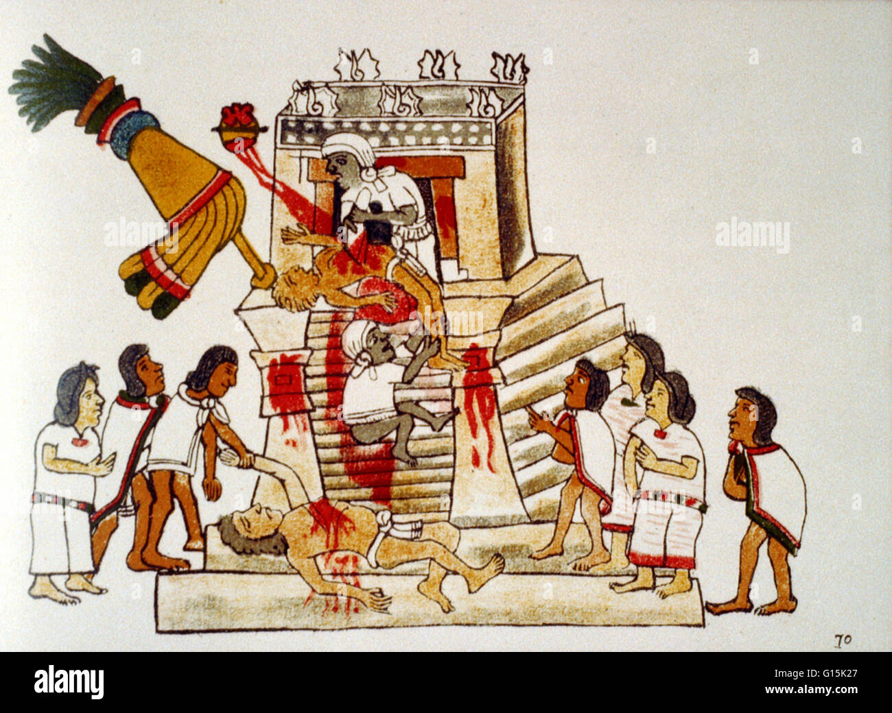 Imprimir titulado: sacerdote azteca realizar la ofrenda del sacrificio de la vida del corazón humano a dios de la guerra Huitzilopochtli. Tomada desde el Codex Magliabechiano. Huitzilopochtli ("Colibrí azul a la izquierda') era el dios azteca del sol y de la guerra. Los Aztecas o Foto de stock