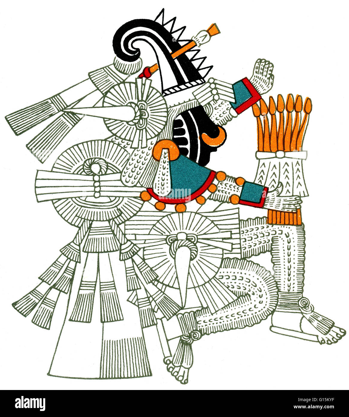 Iztlacoliuhqui, desde el Codex Borbonicus. En la mitología azteca, Itztlacoliuhqui es el dios de la escarcha, el frío cosas difíciles, castigo y miseria humana. Anteriormente fue conocida como Tlahuizcalpantecuhtli, quien disparó una flecha al dios sol, Tonatiuh. La flecha sig Foto de stock