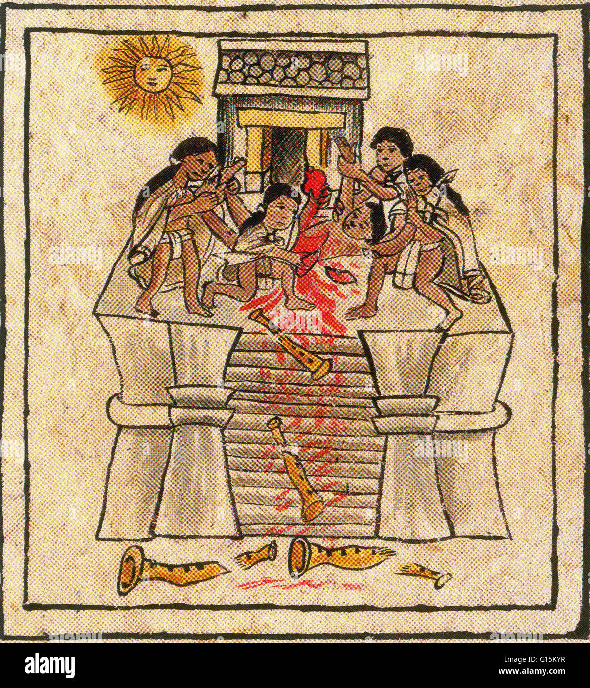 El sacrificio humano era una práctica religiosa característica de la civilización azteca precolombina, así como de otras civilizaciones mesoamericanas como los mayas y los zapotecos. Los Aztecas tenía 18 meses en un ciclo, y para cada uno de los 18 meses, hubo ri Foto de stock