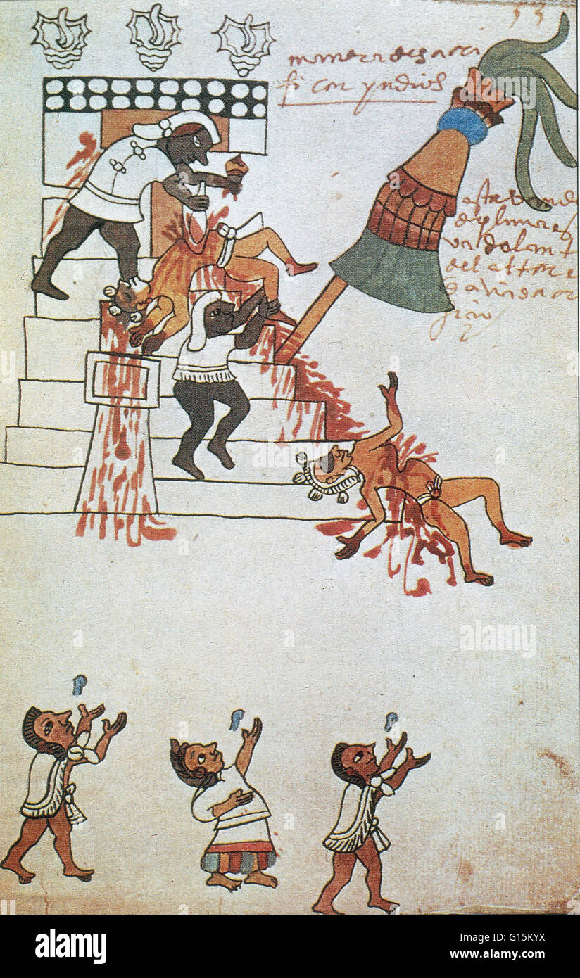El sacrificio humano era una práctica religiosa característica de la civilización azteca precolombina, así como de otras civilizaciones mesoamericanas como los mayas y los zapotecos. Los Aztecas tenía 18 meses en un ciclo, y para cada uno de los 18 meses, hubo ri Foto de stock