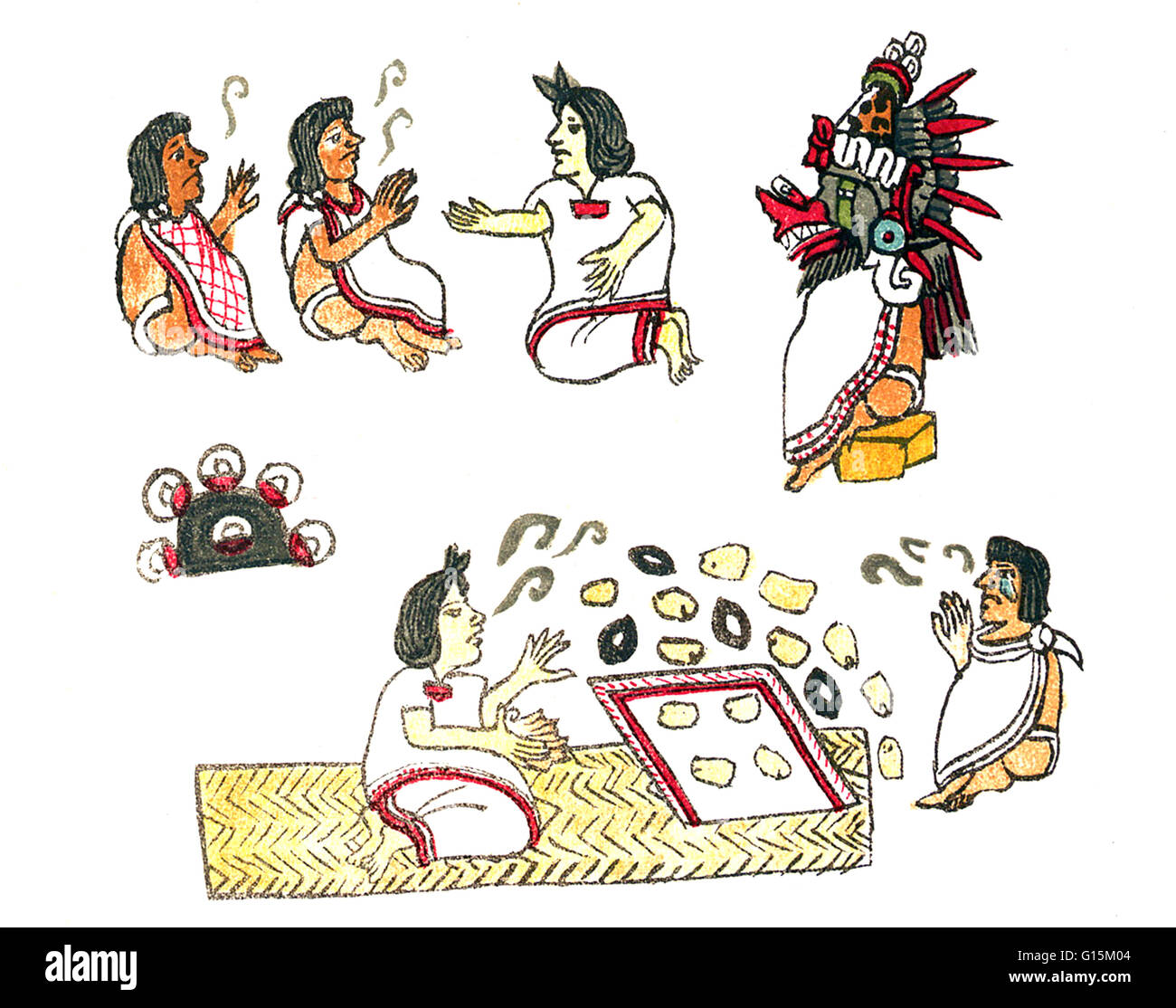 La medicina azteca, tomada desde el Codex Magliabechiano. Dos pacientes explican sus problemas a un médico. El doctor descubrió la causa de la enfermedad arrojando granos de maíz en un pedazo de tela (o en un recipiente con agua). Según cómo el Foto de stock