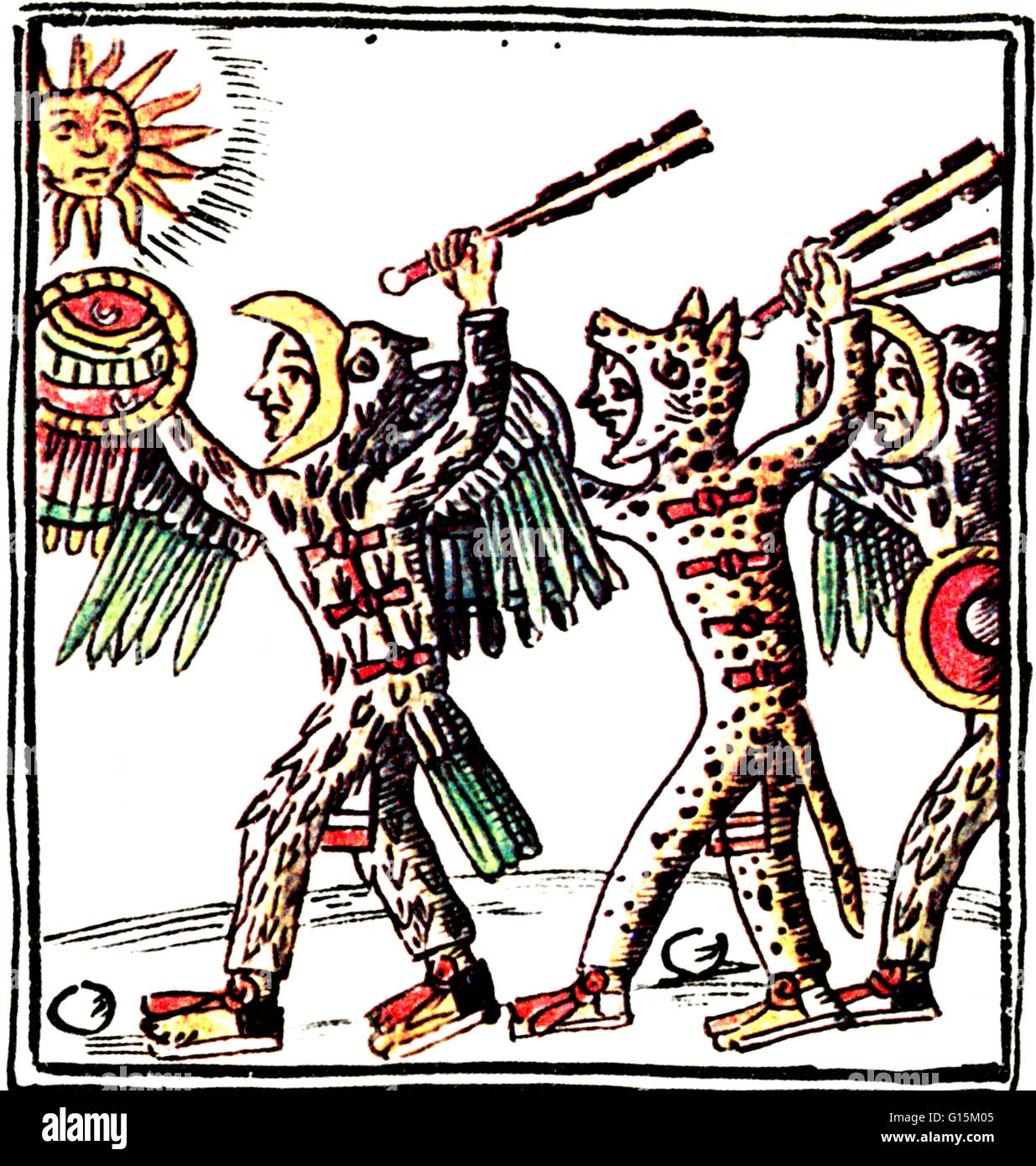 Los guerreros aztecas que demostraron los más valentía y que luchó y se convirtió en águila o jaguar o guerreros. De todos los guerreros Aztecas, eran los más temidos. Tanto el jaguar y el águila, guerreros Aztecas llevaban distinguir cascos y uniformes. Foto de stock