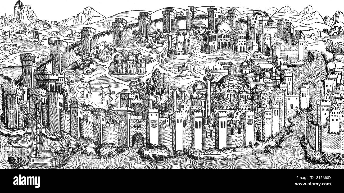 Ilustración de Hartmann Schedel, Buch der Chroniken und Geschichten, 1493. Constantinopla fue la capital del Imperio Romano de Oriente, la región de América Latina y el Imperio Otomano. Fue fundada en el año 330, en la antigua Bizancio como nueva capital del Romano E Foto de stock