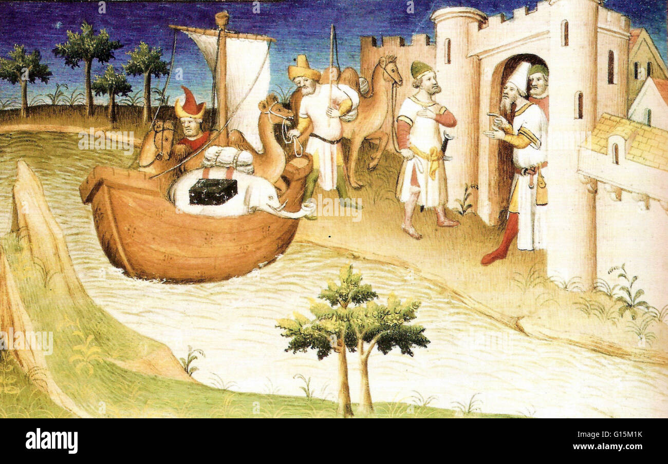 Marco Polo con elefantes y camellos en el Golfo de Persia, de la India. Miniatura del libro, los viajes de Marco Polo. Marco Polo (1254-1324) fue un comerciante veneciano y el más famoso viajero occidental han viajado en la ruta de la Seda. Él sobresalió Foto de stock