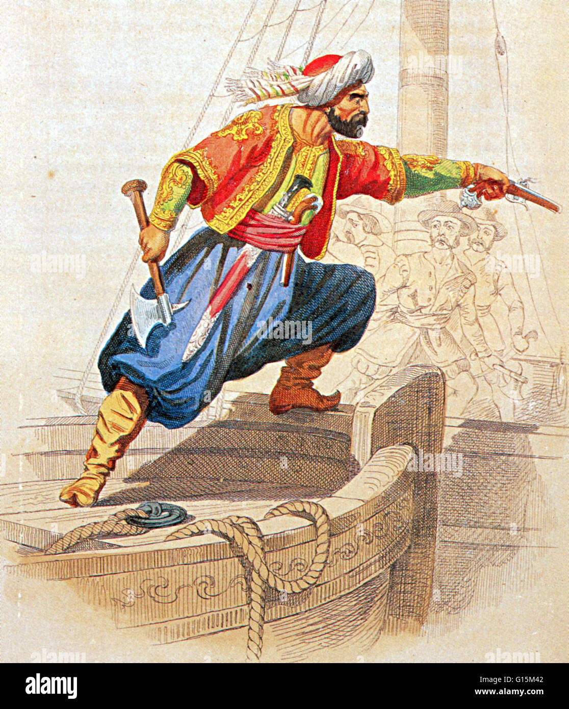 Ilustración de Turgut Reis preparándose para el abordaje de un barco enemigo. Turgut Reis (1485-1565) fue un almirante otomano y privateer. Bajo su mando naval marítima el Imperio Otomano se extendió a lo largo de África del Norte. Cuando Turgut servía como Pasha, Foto de stock