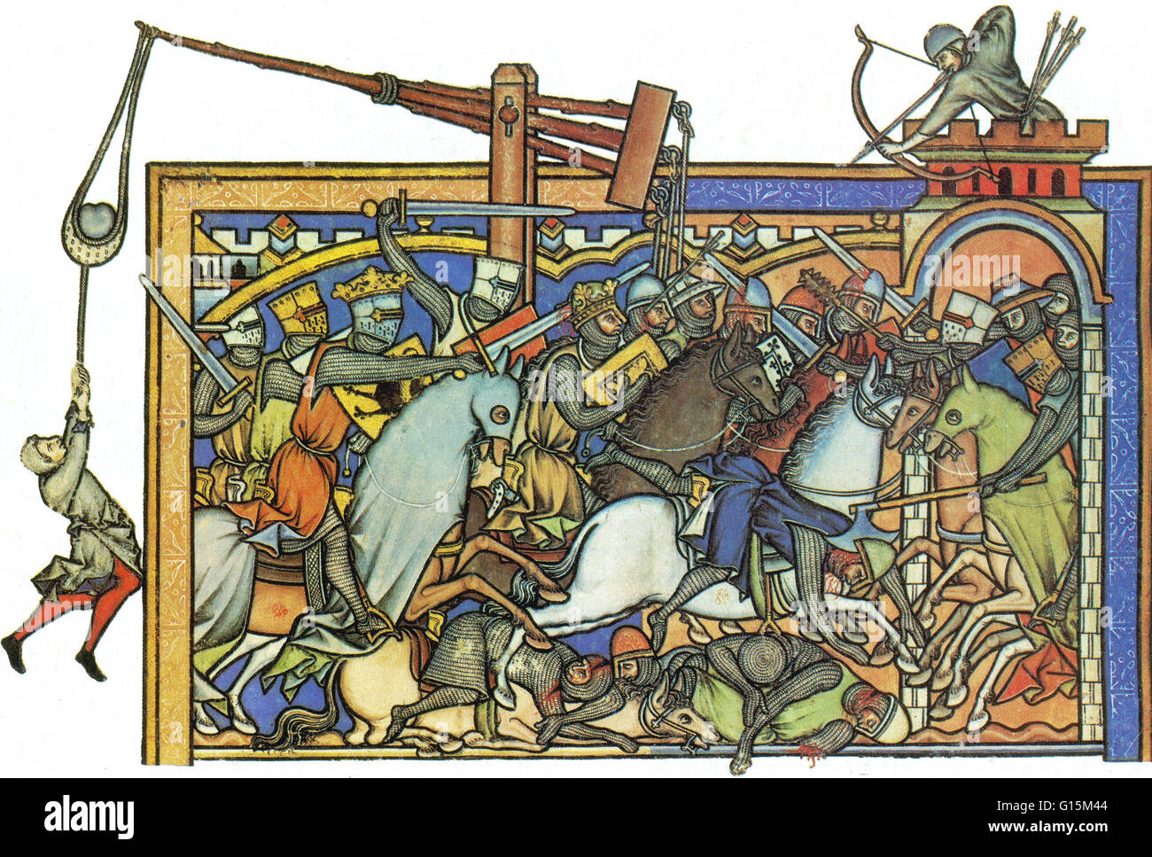 Miniatura del siglo XIII muestra el armamento utilizado por los Caballeros Templarios. Catapulta (extrema izquierda), batalla-ax (centro derecha), macis (arriba batalla-ax) el arco (parte superior derecha) y muchos de los caballeros son vistos blandiendo las espadas. La imagen aparece en la Crusad Foto de stock