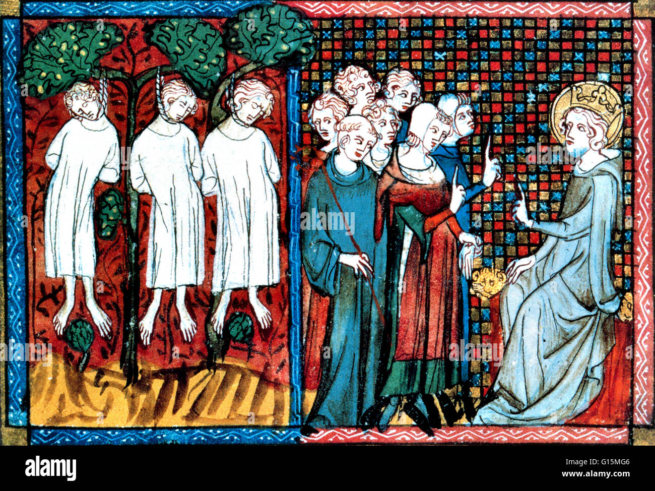 El rey Luis IX de Francia pasa sentencia cuando el abad de San Nicolás-au-Bois acusa a un caballero (Enguerrand De Coucy) indebidamente colgando tres hombres jóvenes. A partir de una ilustración francesa de 1330. Luis IX (25 de abril de 1214 - 25 de agosto de 1270), comúnmente Saint Lo Foto de stock