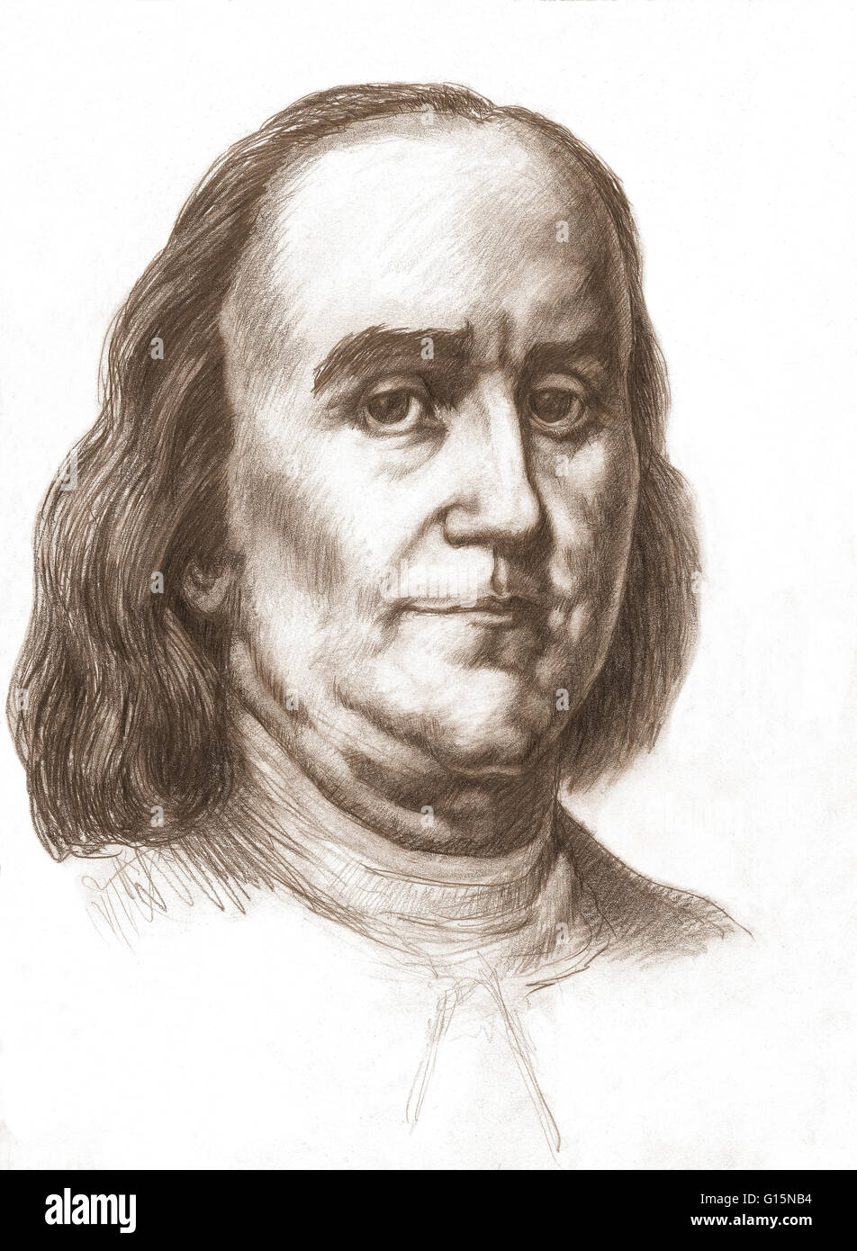 Franklin aguafuerte por H. B. Hall, 1879. Benjamin Franklin (1706-1790) fue uno de los Fundadores de los Estados Unidos. Franklin fue un autor, una impresora, un teórico político, político, científico, postmaster, músico, inventor, escritor satírico, activista cívico, Foto de stock