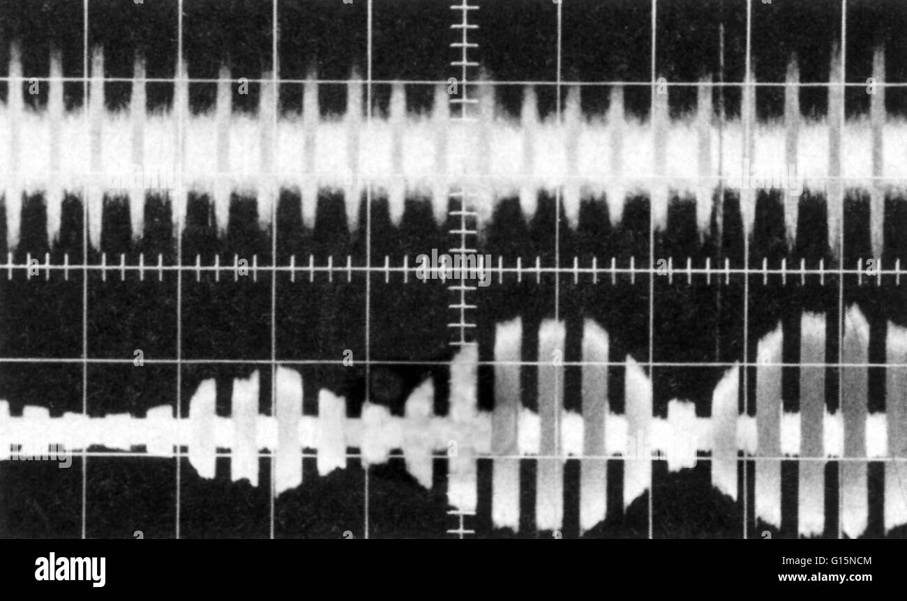 Una comparación de sonidos desde el Sputnik 2 (parte superior) y el Sputnik  1 (inferior), que se muestra en el osciloscopio lecturas. Diferencias de  patrón pueden deberse a diferencias en los datos