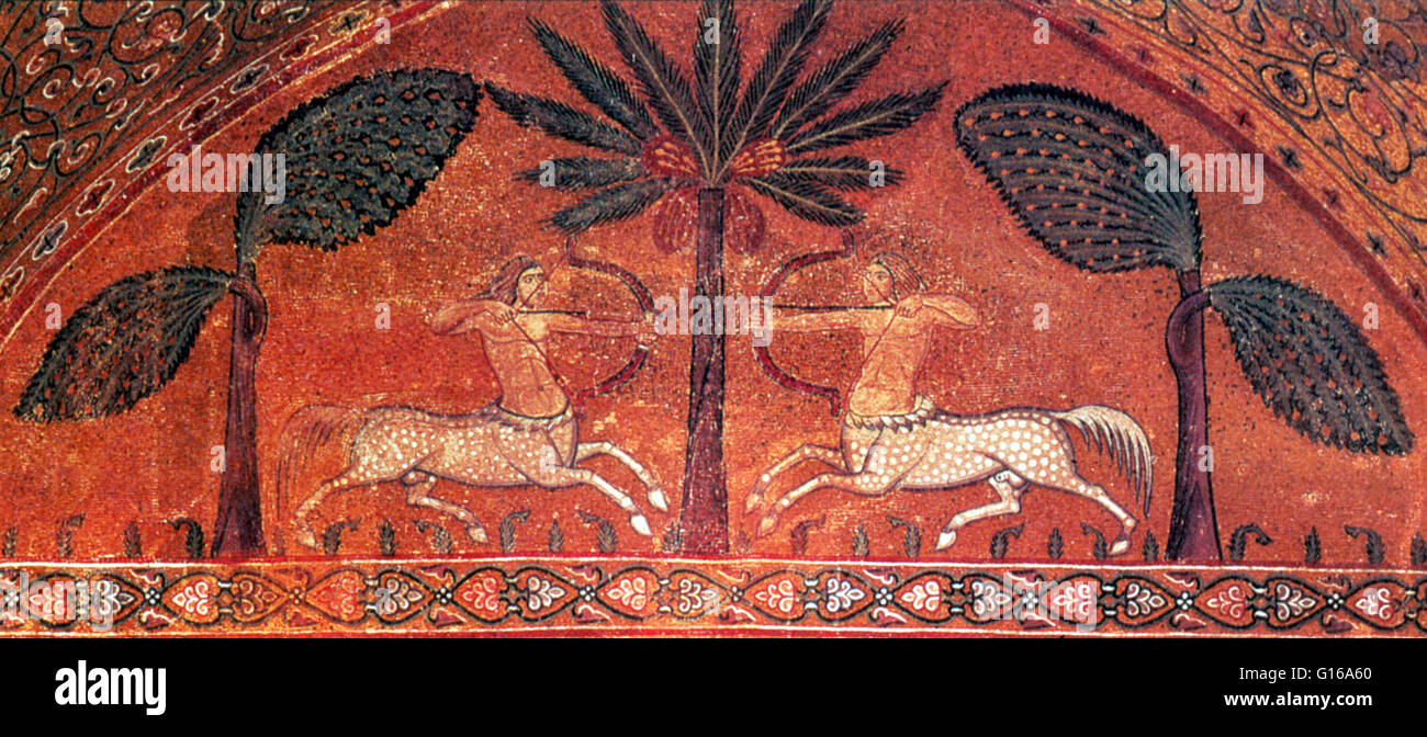 Detalle del mosaico en la Sala di re Ruggero en el Palazzo dei Normanni, Italia. Un centauro es una es una criatura mitológica con la cabeza, los brazos y el torso de un humano y el cuerpo y las piernas de un caballo. La mayoría son salvajes y Savage, conocido por lustfulness y drunkenn Foto de stock