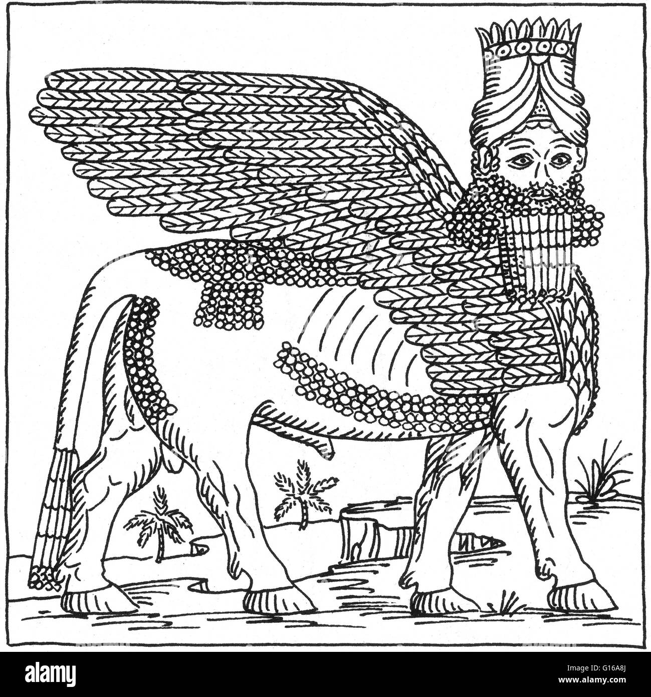 Un lamassu es una deidad protectora. Estaban representados como híbridos, toros o leones alados con la cabeza de un hombre. El horned cap da testimonio de su divinidad, y la correa significa su poder. Generalmente son atribuidos a los antiguos asirios. Alth Foto de stock