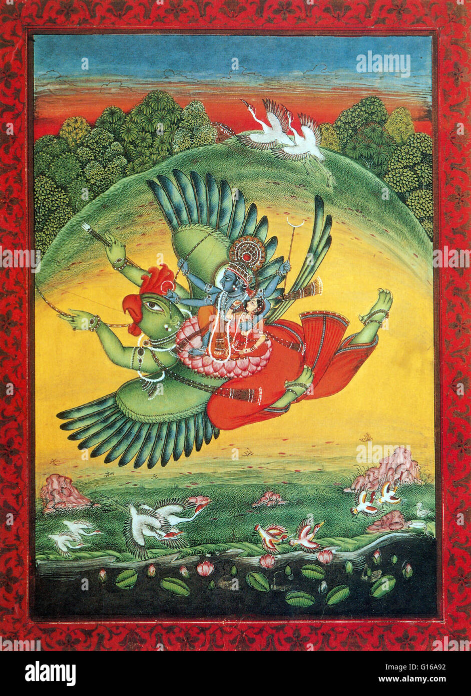 El Garuda es un gran pájaro mítico o criatura de pájaro que aparece tanto en la mitología hindú y budista. Garuda es uno de los tres principales deidades animales en la mitología hindú que ha evolucionado después del período Védico, en la historia de la India. Los demás tw Foto de stock
