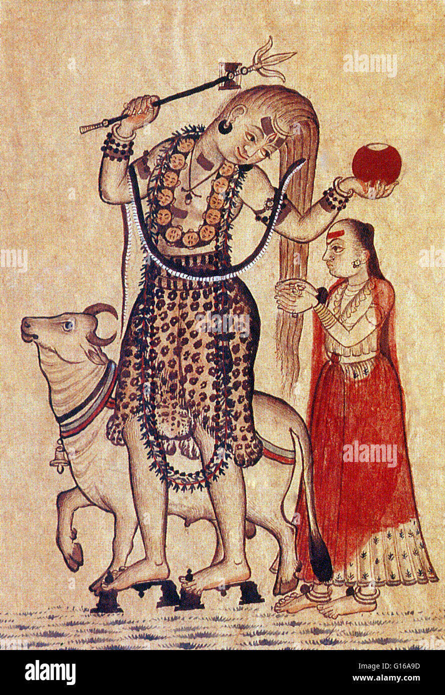 Shiva caminando con el toro Nandi, seguido por su consorte Parvati. Shiva es una deidad Hindú. Él es considerado el dios supremo dentro de Shaivismo, una de las tres denominaciones más influyentes en el Hinduismo. En otras ramas del hinduismo como en los Smarta tradicio Foto de stock