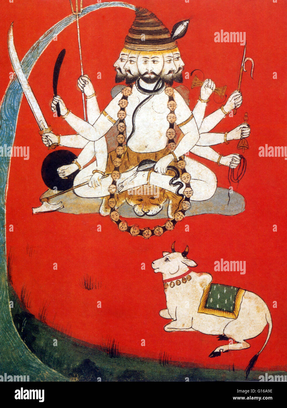 Shiva, clanked por el toro sagrado Nandi, se sienta en la meditación. Shiva  es una deidad Hindú. Él es considerado el dios supremo dentro de Shaivismo,  una de las tres denominaciones más