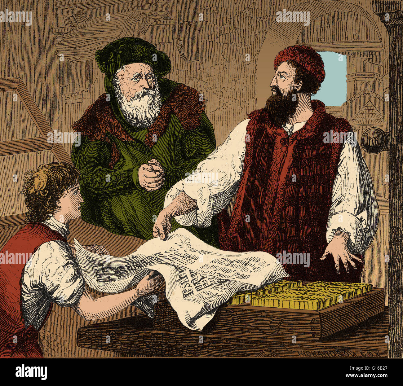 Grabado titulado "Primera prueba de Gutenberg." Johannes Gutenberg (1398 - 3 de febrero de 1468) fue un herrero Alemán, Goldsmith, la impresora y el editor que presenta el libro moderno de impresión. Su invención mecánica de Movable Type p Foto de stock