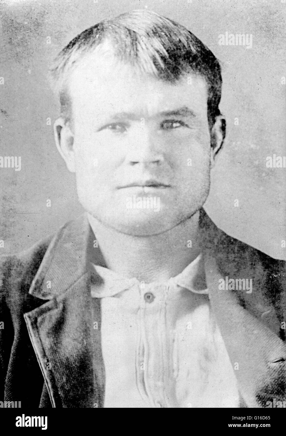 Fotografía tomada en la penitenciaría estatal de Wyoming, Laramie, Wyoming, y montado sobre una tarjeta de la Agencia de Detectives Pinkerton nacional con información sobre Parker, dando su alias como George Cassady y 'Butch' Cassady, 1893. Robert Leroy Parker (Apri Foto de stock