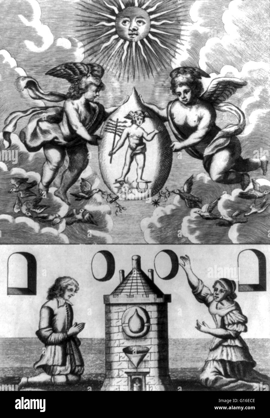 Titulado: "escena alquímico mostrando dos putti sosteniendo la piedra  filosofal que contenga imágenes de Hermes, por debajo del cual un hombre y  una mujer de rodillas ante el horno donde la transmutación