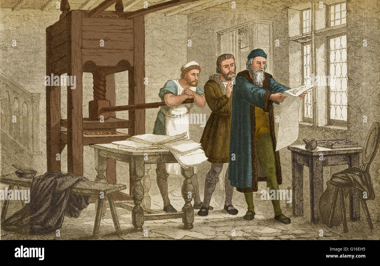 Gutenberg inspeccionando la primera hoja de prueba de su Biblia impresa a partir de Movable Type. Johannes Gutenberg (1398 - 3 de febrero de 1468) fue un herrero Alemán, Goldsmith, la impresora y el editor que presenta el libro moderno de impresión. Su i Foto de stock