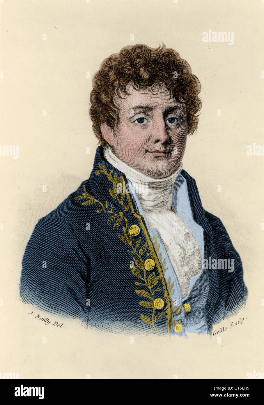 Ilustración de Jean Baptiste Joseph Fourier (1768-1830), un matemático y físico francés mejor conocido por iniciar la investigación de series de Fourier y sus aplicaciones a problemas de transferencia de calor y vibraciones. La serie de Fourier es un infin Foto de stock