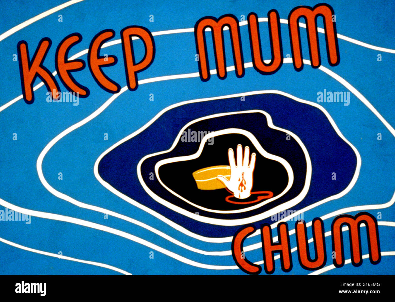 Titulado: "Mantenga mum chum". Cartel sugiriendo descuidados comunicación  puede ser perjudicial para el esfuerzo de guerra, mostrando un ejército pac  y una parte se hunde en el agua. El Federal Art Project (