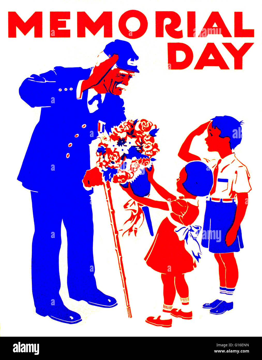 Titulado: 'Memorial Day'. Cartel en honor a los veteranos, mostrando un muchacho y un antiguo soldado saludando el uno al otro, y presentando la niña soldado con bouquet de flores. El Federal Art Project (FAP) fue el brazo de artes visuales de la época de la Gran Depresión New Deal W Foto de stock