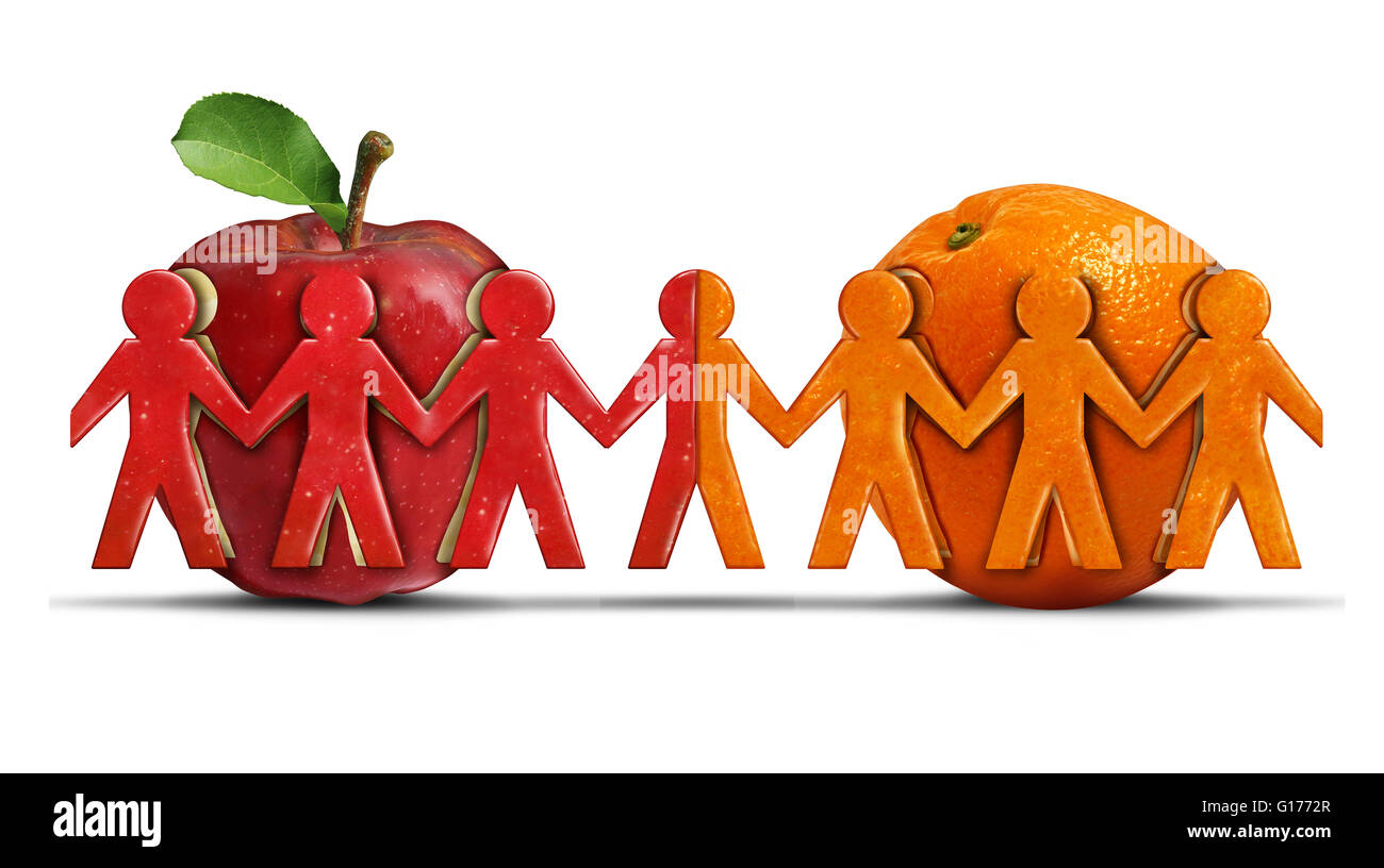 Manzanas y naranjas como un símbolo de la tolerancia y la amistad de dos grupos diferentes de personas en forma de iconos llegar juntos como un equipo diverso en un estilo de ilustración 3D. Foto de stock