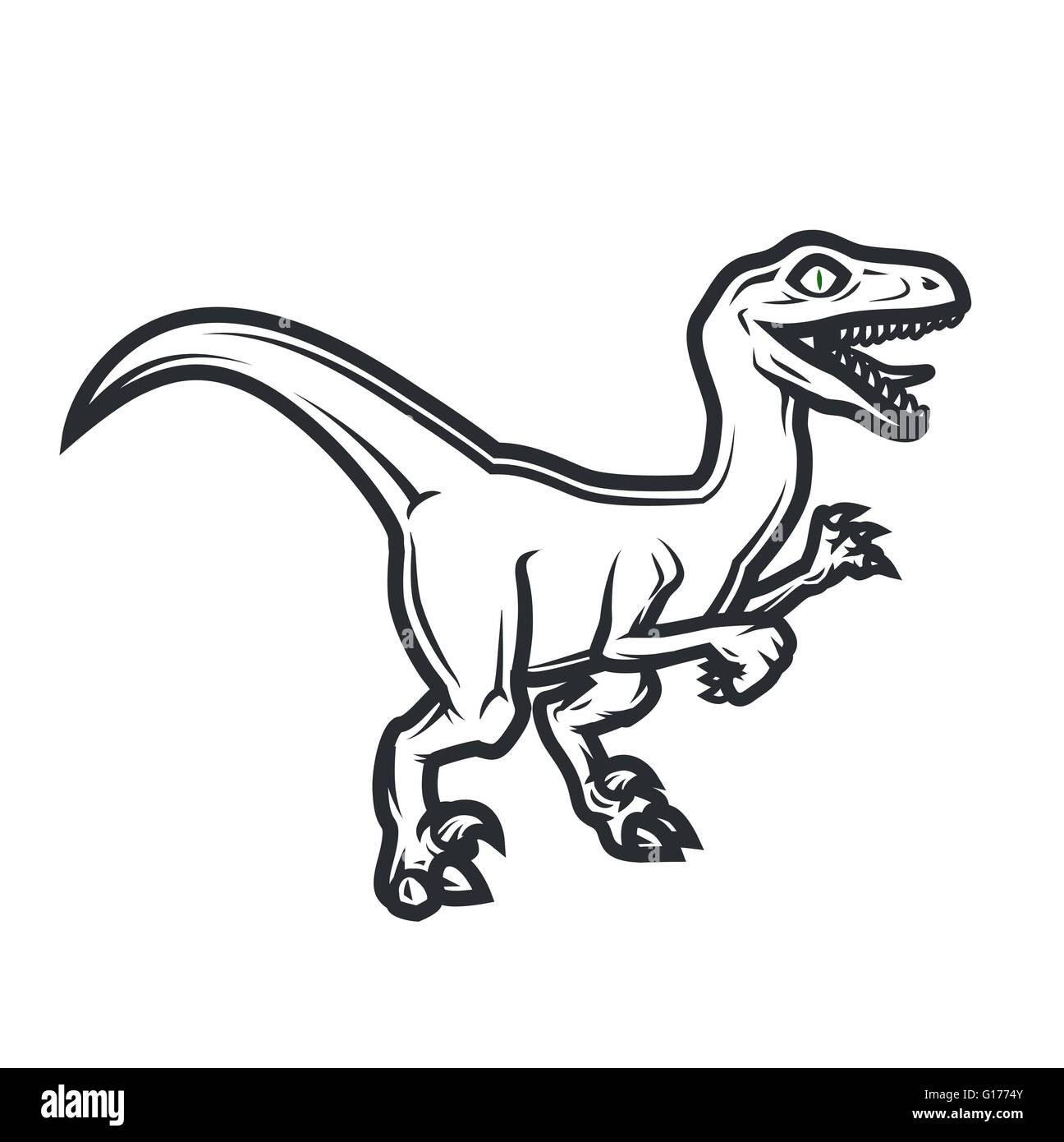 Logotipo de dino prehistórico concepto. Raptor diseño insignia. Ilustración del dinosaurio jurásico. T-shirt concepto sobre fondo blanco. Ilustración del Vector