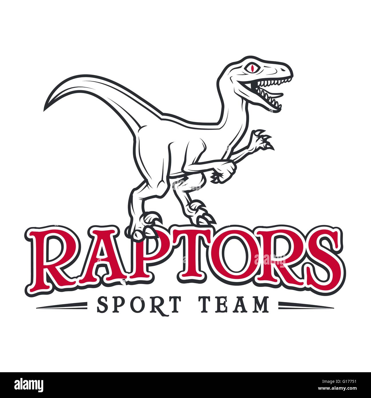 Vintage Jurassic raptor Logo. Dino mascota deportiva insignia insignia de diseño. Equipo de colegio t-shirt ilustración concepto aislado sobre fondo blanco. Ilustración del Vector