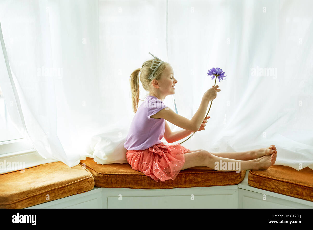 Vestida de tiara, sosteniendo flor a bay window Foto de stock