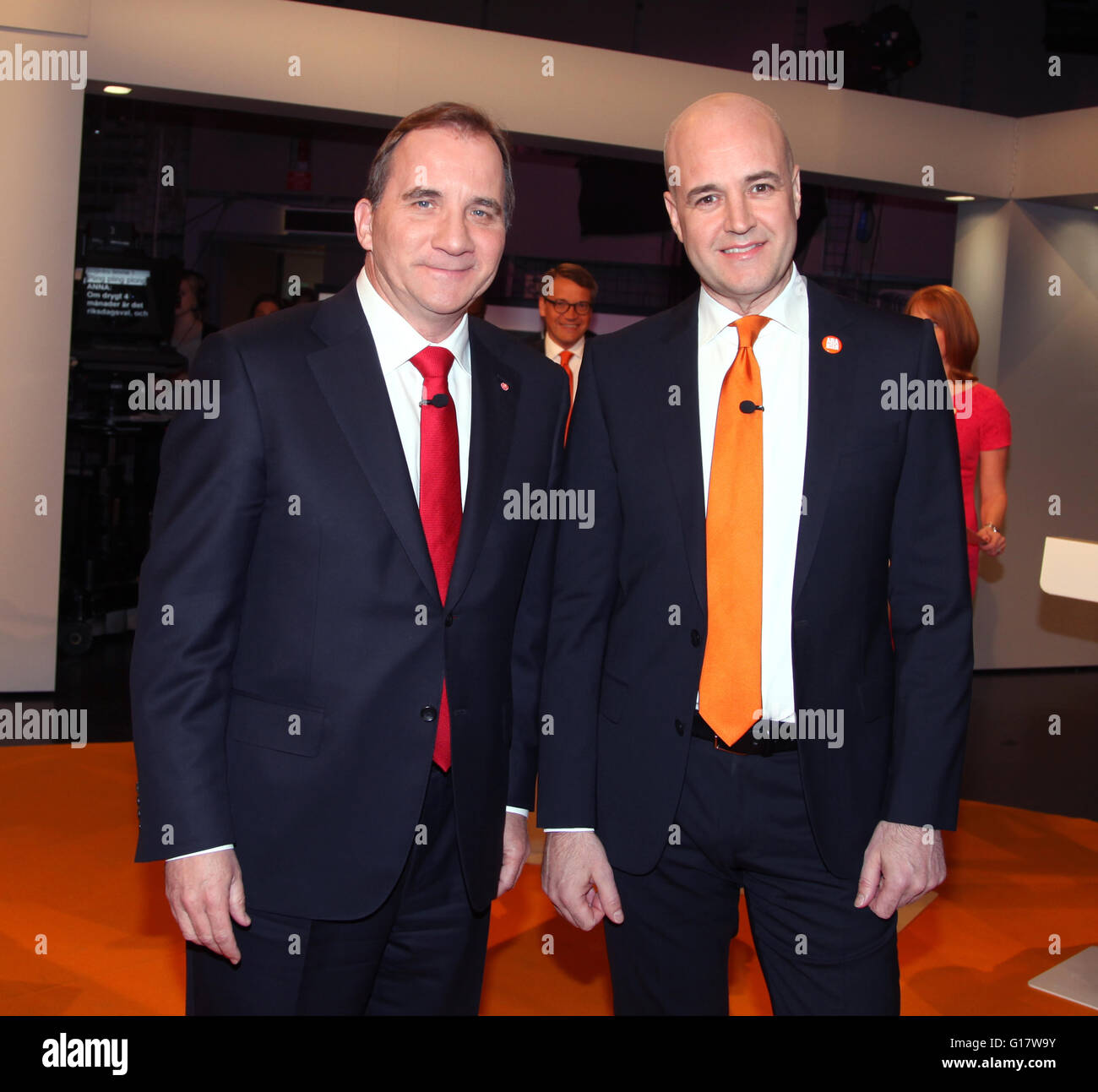 STEFAN LÖFVÉN,Trabajo y Fredrik Reinfeldt ,conservadores campaigne antes de las elecciones Foto de stock