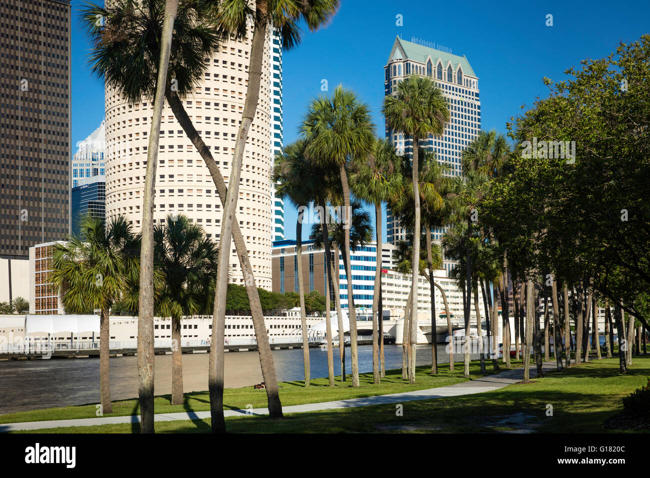 Torre Rivergate, Hillsborough River y el perfil de la ciudad de Tampa, Florida, EE.UU. Foto de stock