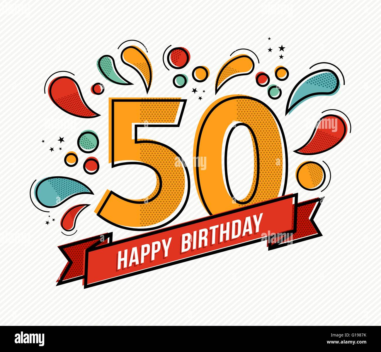Feliz cumpleaños 59 50 años de diseño divertido con número, texto de  etiqueta y una decoración colorida. Ideal para la invitación a una fiesta o  tarjeta de felicitación. Vector EPS10 Imagen Vector