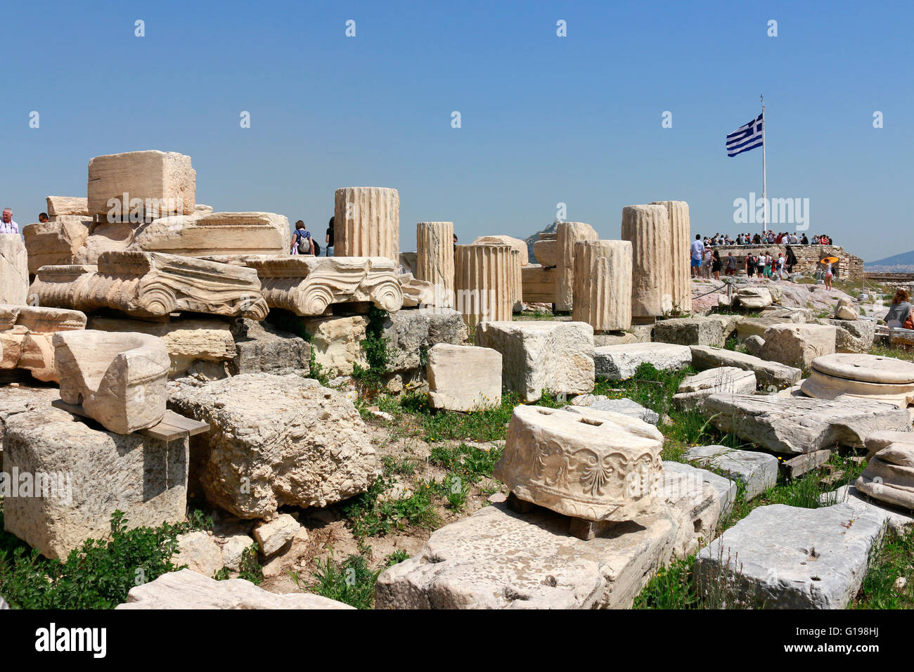 Griechische Fahne, Acrópolis, Athen, Griechenland. Foto de stock