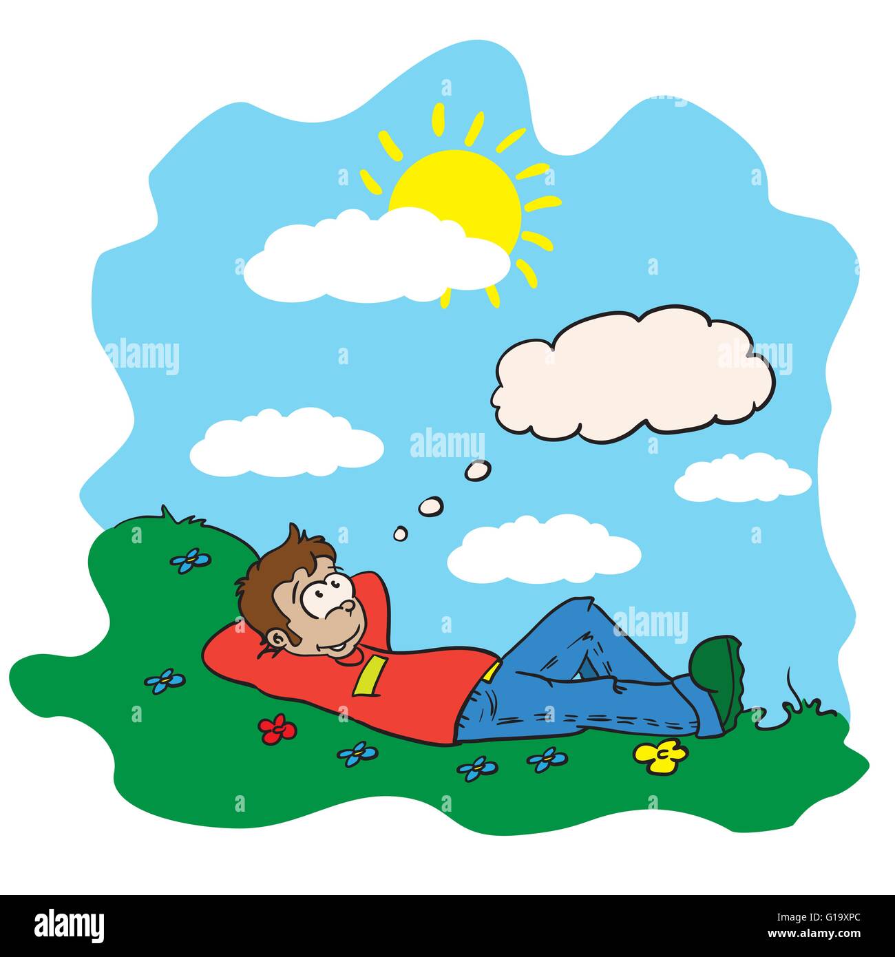 Ilustración de dibujos animados de un niño descansando en un campo Imagen  Vector de stock - Alamy