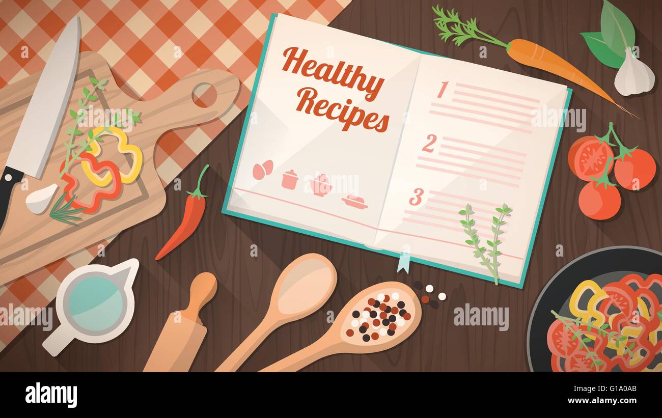 Recetas saludables cookbook, utensilios de cocina y los ingredientes sobre la mesa de la cocina, la preparación de alimentos y el concepto leraning Ilustración del Vector