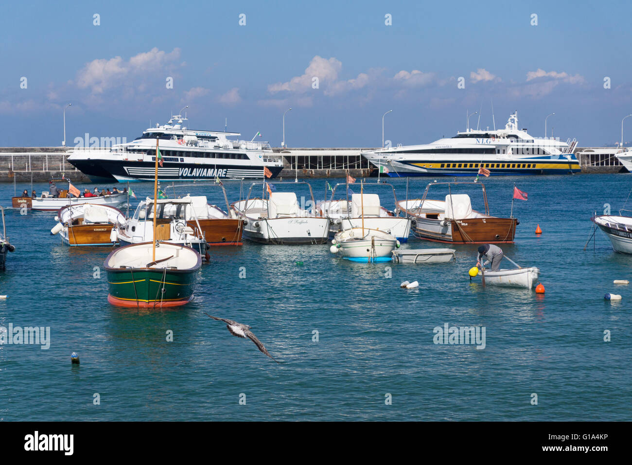 Pequeños botes y grandes barcos amarrados, incluyendo ferries a tierra firme, en el puerto de Marina Grande en la isla de Capri. Italia Foto de stock